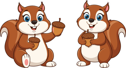 Cute cartoon squirrels holding acorns, happy woodland animals, playful forest characters, adorable wildlife vector illustration, nature-themed kids design.
