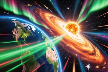 An explosive depiction of Earth in a stunning cosmic event with vibrant colors and dynamic celestial interactions