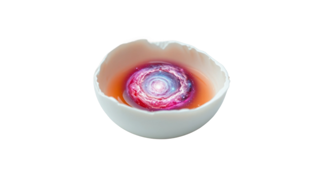 A whimsical and artistic abstract depiction of a nebula or galaxy contained within a delicate white ceramic bowl, evoking a sense of cosmic wonder and creativity