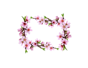 Spring peach twigs in a small floral frame isolated on white or transparent background.