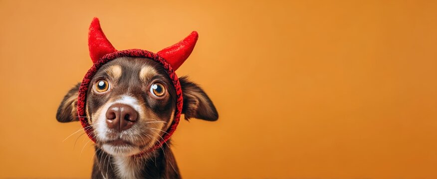 The playful dog wearing devil horns for a festive occasion.
