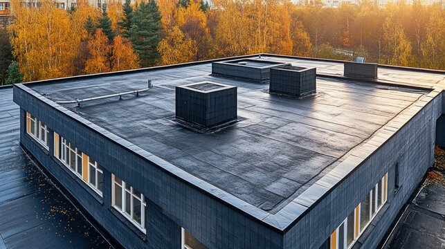 Flat roofing system on a modern building with autumn foliage in the background.