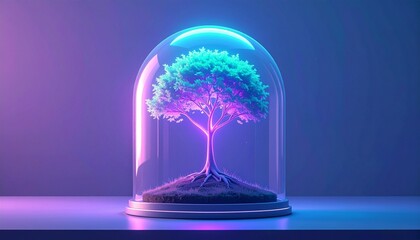 Neon glowing tree growing inside a glass dome on a table with copy space on side
