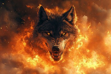 Majestic wolf charging through fiery landscape, showcasing its powerful physique and fierce expression, surrounded by swirling smoke and flames, embodying strength and wild beauty. wild animal