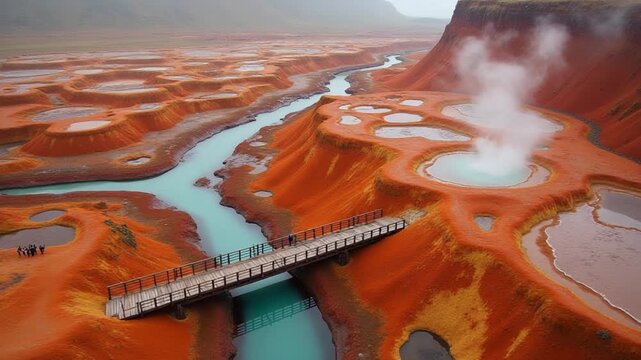 Aerial view of Kerlingarfjoll and Studlagil Canyon - a geothermal area in Iceland with red and orange terrain, steaming vents, a winding river, a wooden bridge, and visible tourists.