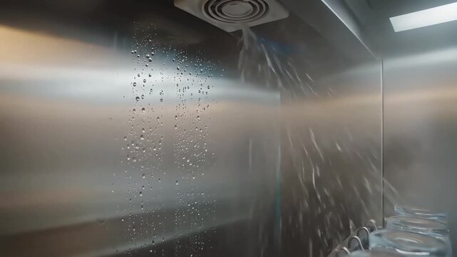 Automated cleaning process inside a commercial dishwasher with powerful water jets spraying and sanitizing rows of glasses