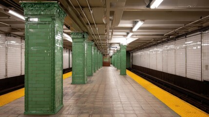 Obraz premium A bright subway station showcases green tiled columns and yellow safety lines on the platform. The area is well-lit and exhibits a clean, organized layout for commuters.