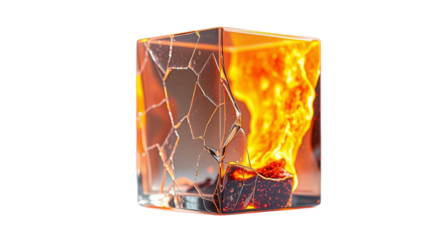 A cracked glass cube containing lava and flames, symbolizing destruction and intense heat, isolated on a white background
