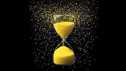 Hourglass with yellow sand cascading against black background