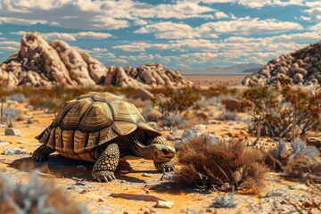 Wise Old Tortoise Slowly Making Its Way Across a Sunbaked Desert Landscape