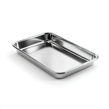 A rectangular, shallow stainless steel pan with slightly raised edges, gleaming and reflecting light on a white background