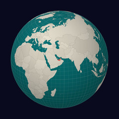 United Arab Emirates on the map. Globe centered to United Arab Emirates. Country location on the world map. Teal Pale Mint color palette. Globe with countries, meridians and parallels.