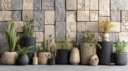 Assorted greenery flourishes in textured pots against a rustic brick wall. Natural light highlights the stone textures and plant variations