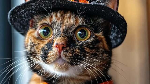 A tortoiseshell cat wearing a small black hat with an orange band. The cat has bright green eyes and a distinct coat pattern. The background is softly blurred.