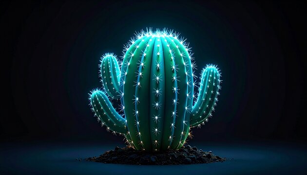realistic luminescent cactus in dark plain black background