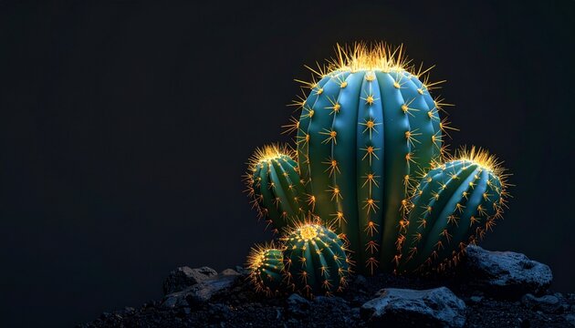 realistic luminescent cactus in dark plain black background
