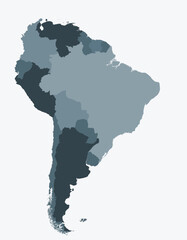 Map of South America with countries. Just a simple continent border map with country division. Blue grey color palette. Plain South America shape with administrative division. Vector illustration.