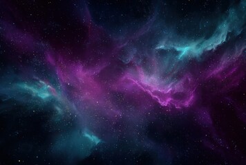 A stunning cosmic nebula featuring swirling patterns of vibrant teal and deep purple against a backdrop of dark space and twinkling stars