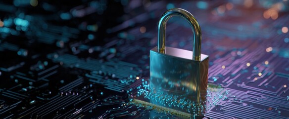 The padlock symbolizing digital security in a futuristic cyber environment