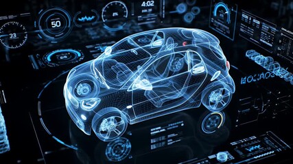 Digital Car Model with Blue Illuminated HUD Interface - Powered by Adobe