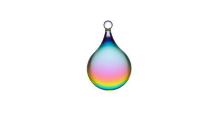 A close-up, isolated shot of a single, iridescent soap bubble with a rainbow shimmer, suspended against a pure white background, showcasing its delicate spherical form and vibrant, ethereal colors
