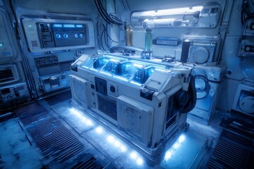 Step into a futuristic laboratory with advanced equipment glowing blue, ideal for science fiction, technology innovation, or cutting-edge research concepts