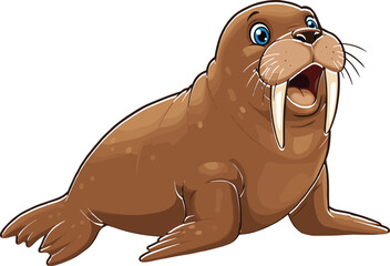 Cute cartoon walrus with big white tusks looking surprised, funny brown marine animal character vector illustration for children and design.