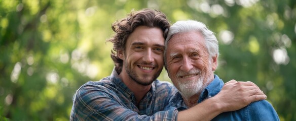 The heartfelt embrace of a father and son in a serene outdoor setting.