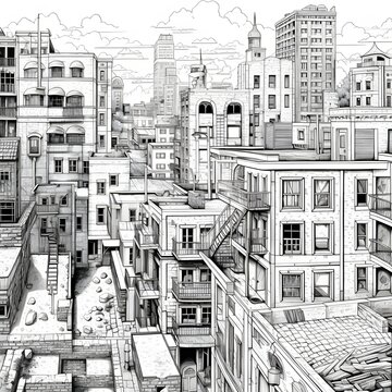 Detailed black and white city street drawing with historic buildings, architectural line art for urban design, travel posters, coloring and editorial use