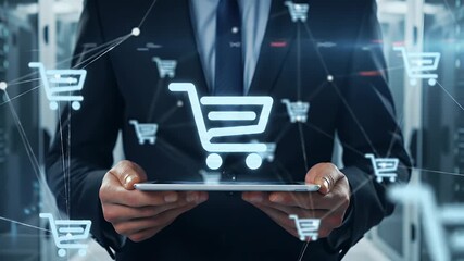 Businessman Holding Tablet with Digital Shopping Cart Network - Powered by Adobe