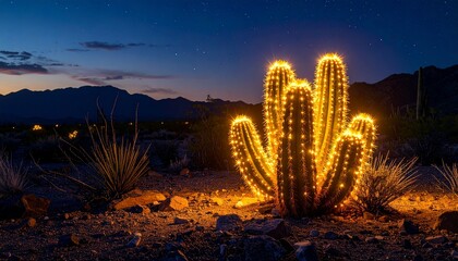 realistic glowing cactus in desert at night