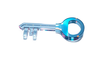 A transparent, digital key with glowing blue circuitry, symbolizing access, security, and technological advancement on a pure white background
