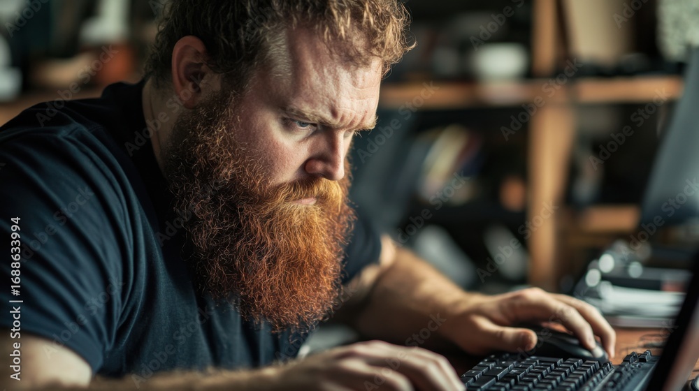 Wall mural Focused coder with a magnificent beard intensely working on his computer