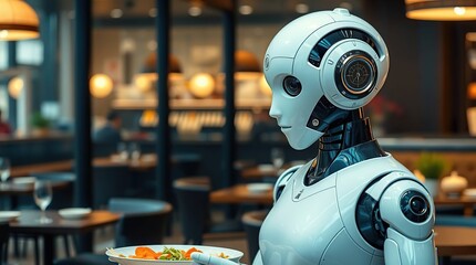 Robot waiter serving food in restaurant. (2)