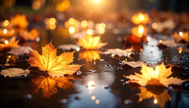 fall maple leaves on puddle