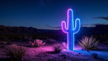 realistic neon glowing cactus in desert at night