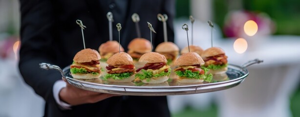 The tray of mini burgers served on skewers at an elegant outdoor reception