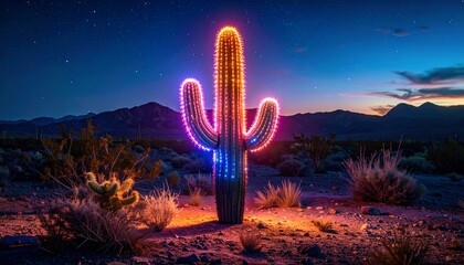 realistic neon glowing cactus in desert at night