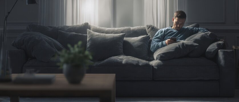 The man relaxing on a couch while using a smartphone in a cozy living room.