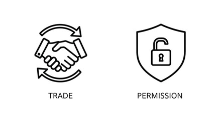 Vector illustration of icons representing trade, partnership, and security with an unlocked padlock