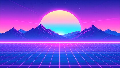 Cyberpunk Retro 80s gradient with neon grid lines