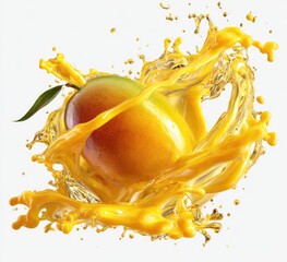A ripe mango is engulfed in a vibrant, dynamic splash of its own juice against a white background