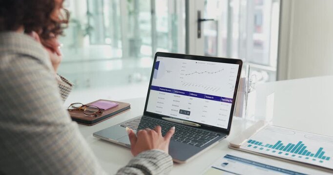 Chart, screen and hands with laptop, office or financial analyst with metrics, paperwork and search. Review, dashboard and person with tech for business performance, info and data analysis on web - Powered by Adobe