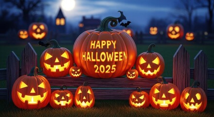 Bright Glowing Halloween Pumpkins with Carved Faces and Text in Dark Cemetery Scene