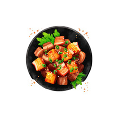 Delicious Braised Pork Belly with Sesame Seeds and Green Onions on a Black Plate - Asian Cuisine