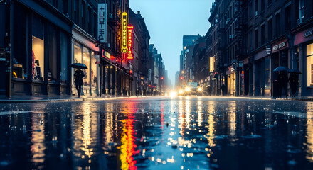 Naklejka premium Rainy city street with reflections and pedestrians