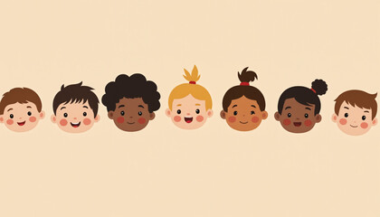 Group of multicultural schoolchildren smiling with diverse hairstyles and expressions on beige background