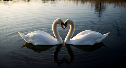 Fototapeta premium Romantic swan couple forming a heart on a calm water surface