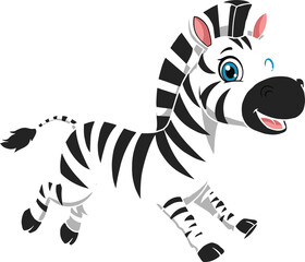 Cute cartoon zebra running joyfully with big blue eyes, black and white stripes, happy smiling face, playful kids vector illustration