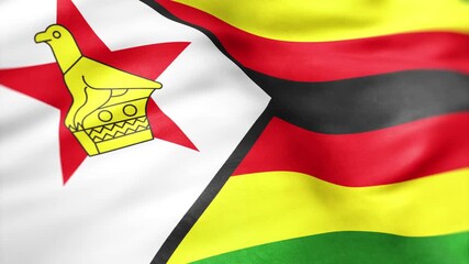 Zimbabwe flag waving with green, yellow, red, black stripes, white triangle featuring star and bird